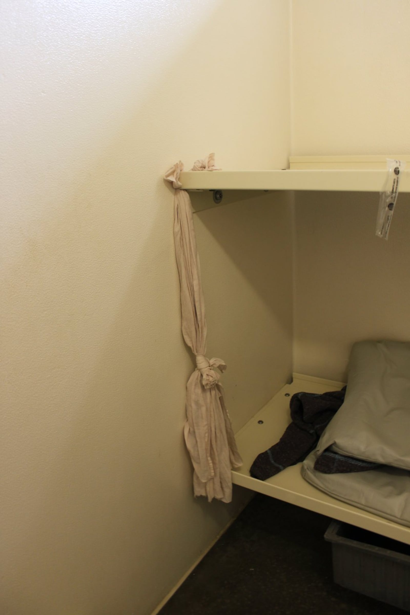 Newton County jailers found Jade Tramel hanging from this bed sheet in March 2014. They cut him loose, but could not revive him. It was the second time Tramel tried to hang himself during his incarceration at the jail. LAW ENFORCEMENT PHOTO