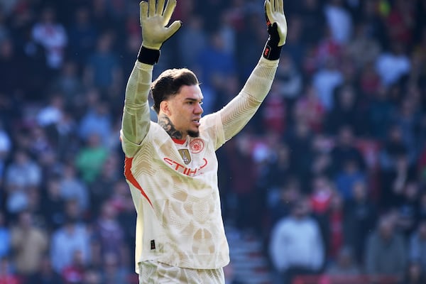 Manchester City's goalkeeper Ederson gestures during the English Premier League soccer match between Nottingham Forest and Manchester City at the City Ground stadium, in Nottingham, England, Saturday, March 8, 2025. (AP Photo/Rui Vieira)