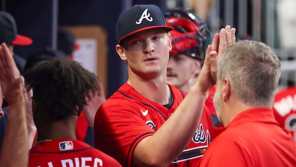 Atlanta Braves starting pitcher Michael Soroka greets teammates after pitching into the sixth inning against the Miami Marlins at Truist Park, Friday, June 30, 2023, in Atlanta. The Braves won 16-4. Jason Getz / Jason.Getz@ajc.com)