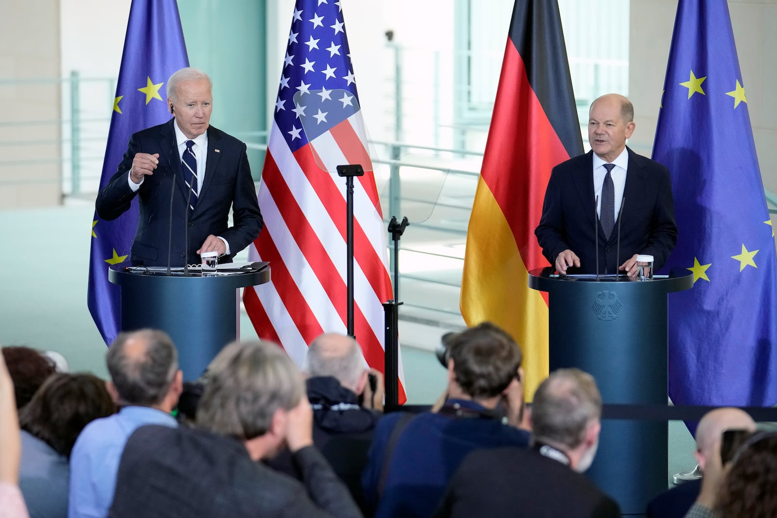 President Joe Biden and German Chancellor Olaf Scholz deliver joint statements to the press at the Chancellery in Berlin, Germany, Friday, Oct. 18, 2024. (AP Photo/Ebrahim Noroozi)