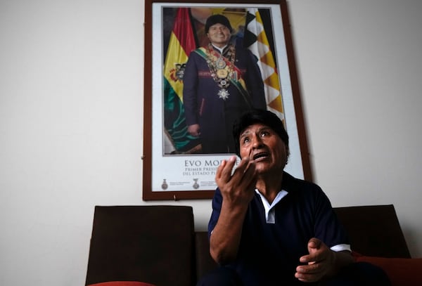 FILE - Bolivia's former President Evo Morales speaks during an interview in Lauca N in the Chapare region of Bolivia, Nov. 21, 2024. (AP Photo/Juan Karita, File)