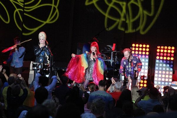 The B-52s joined Culture Club and Tom Bailey of The Thompson Twins for a rainy, sold-out show at State Bank Amphitheatre at Chastain Park on July 22, 2018. Photo: Melissa Ruggieri/AJC