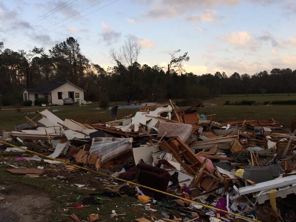 Wreckage of the mobile home in which Betty Lee Newsome, 82, and husband Jessie Newsome, 67, were found dead near Barney, Ga., after Sunday’s violent storms. Photo Joshua Sharpe / AJC