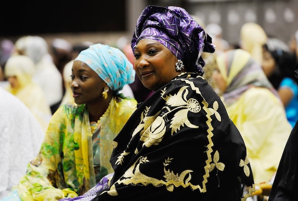 Muslim women gather for a special Eid ul-Fitr morning prayer at the Los Angeles Convention Center in Los Angeles, California.