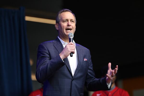 Braves President and CEO Derek Schiller speaks to the crowd during the first stop of the World Champions Trophy Tour on Feb. 15 at Colony Square. (Miguel Martinez for The Atlanta Journal-Constitution) 