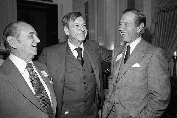 Former Georgia Governors Herman Talmadge and Ellis Arnall, Commerce Club, Atlanta, Georgia, March 6, 1980.  CREDIT: LANNA SWINDLER / THE ATLANTA JOURNAL-CONSTITUTION ARCHIVES