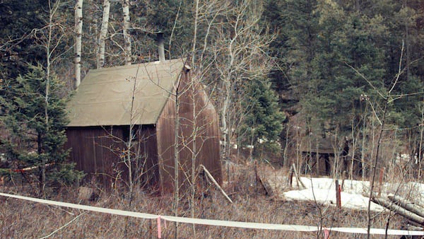 The cabin of "Unabomber" Theodore Kaczynski sits at the end of a muddy, private road, hidden in a wooded setting about 300 yards from the nearest neighbor in April 1996 in Lincoln, Montana. The cabin, on 1.4 acres, was only 10 by 12 feet, with no electricity or plumbing.