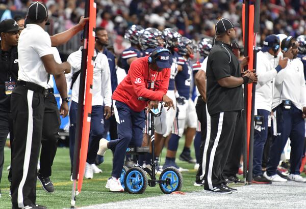 Jackson State's head coach Deion Sanders reacts at the end of the fourth quarter during the 2021 Cricket Celebration Bowl at Mercedes-Benz Stadium in Atlanta on Saturday, December 18, 2021. South Carolina State won 31-10 over Jackson State. (Hyosub Shin / Hyosub.Shin@ajc.com)