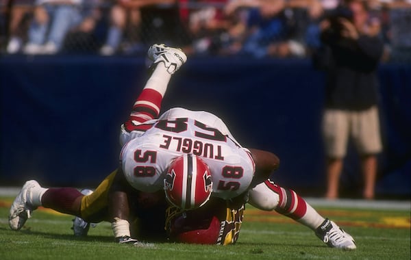 Jesse Tuggle had his number (58) retired by the club and was placed in the inaugural class of the Falcons’ Ring of Honor. (Doug Pensinger /Allsport)