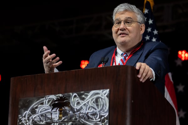 Chairman David Shafer speaks at the Georgia GOP State Convention in Jekyll Island, Georgia on June 5th, 2021. Nathan Posner for the Atlanta-Journal-Constitution