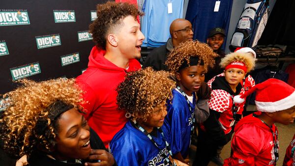 Kansas City Chiefs quarterback Patrick Mahomes II surprises members of the local KC United youth football organization with a holiday shopping spree and a $5,000 donation on behalf of The DICK'S Sporting Goods Sports Matter program on Giving on Tuesday, Nov. 27, 2018 in Leawood, Kan.