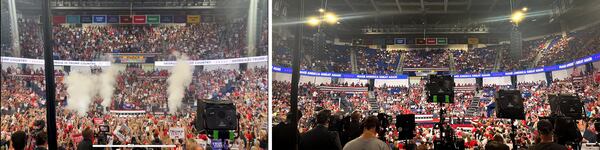 Former President Donald Trump and his rally organizers in Atlanta on Saturday, August 3, 2024 said Georgia State University and police had prevented some rally supporters from getting into the venue and taking their seats.  As Trump began to speak, there did not appear to be a large number of people missing, although some attendees in the upper level did as the speech went on. The picture on the left was taken at 6:07 p.m., as Trump began, and the picture on the right shows the same general area while he was still speaking at 7:12 pm. The event took place at the Georgia State University Convocation Center.  (Photo by Merrill Hart / merrill.hart@ajc.com)