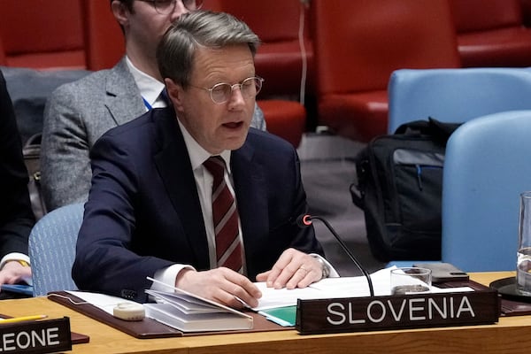 Slovenia Ambassador Samuel Zbogar addresses the UN Security Council, Monday, Feb. 24, 2025, at the United Nations headquarters. (AP Photo/Richard Drew)