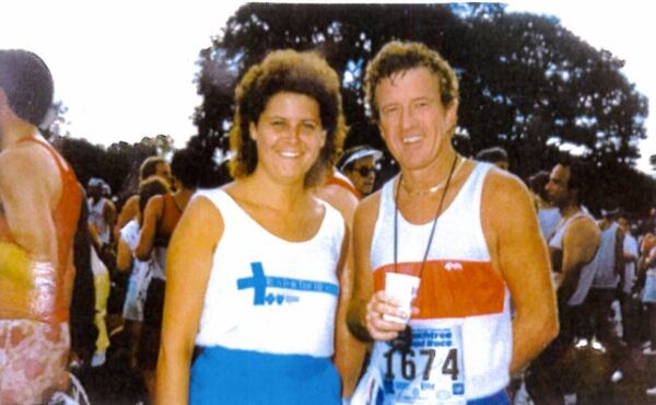 Jack Moore of McDonough stands with wife, Kay, after completing The Atlanta Journal-Constituition Peachtree Road Race in 1987. Moore ran in the first-ever Peachtree Road Race, in 1970. (Contributed by Jack Moore)