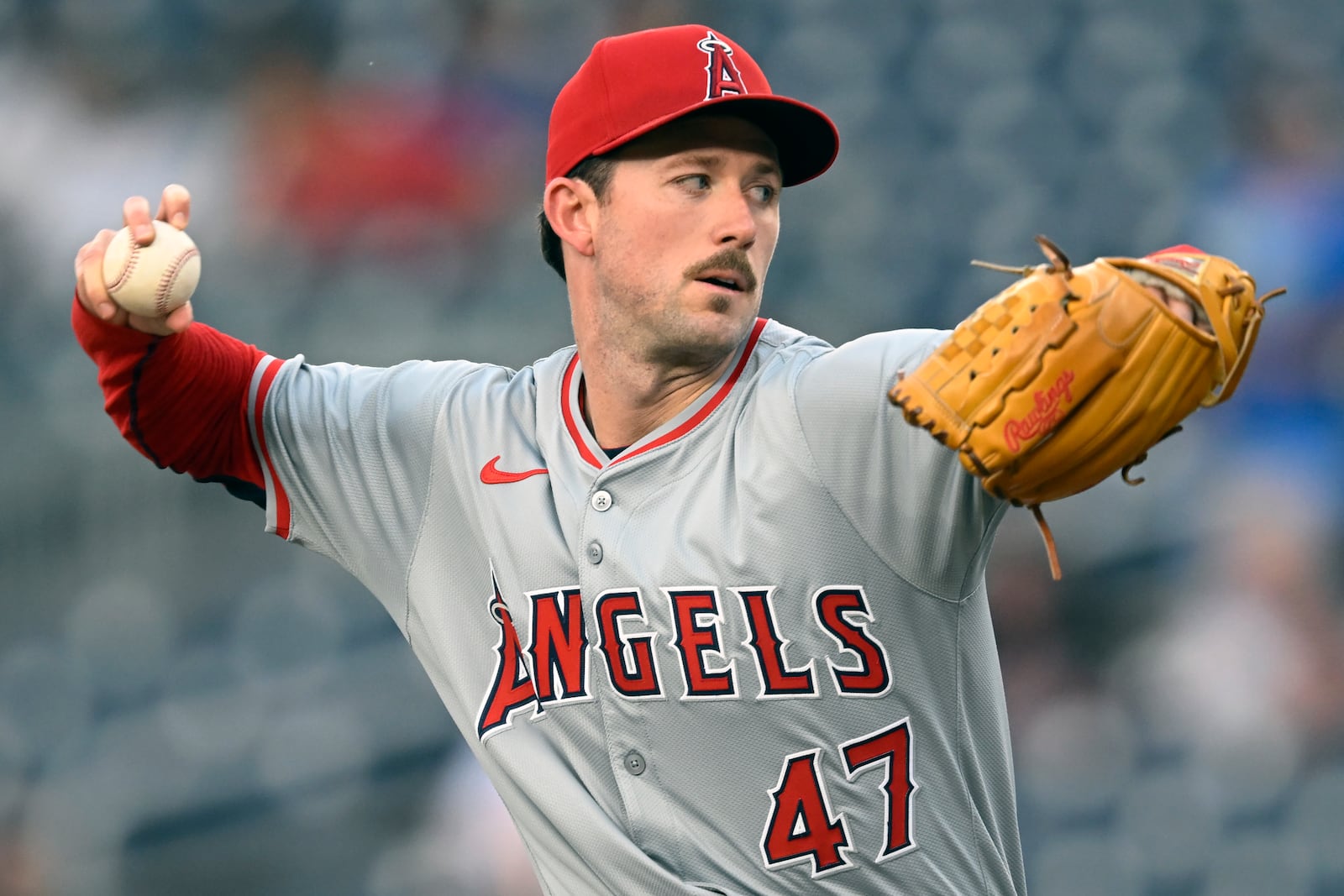 FILE - Los Angeles Angels starting pitcher Griffin Canning throws during the first inning of a baseball game against the Washington Nationals, Aug. 10, 2024, in Washington. (AP Photo/John McDonnell, File)