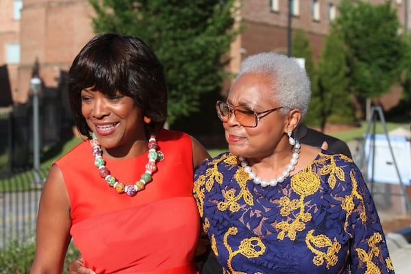 Morehouse School of Medicine President Dr. Valerie Montgomery Rice and Billye Suber Aaron celebrate the opening of the Billye Suber Aaron Pavilion in 2017. 