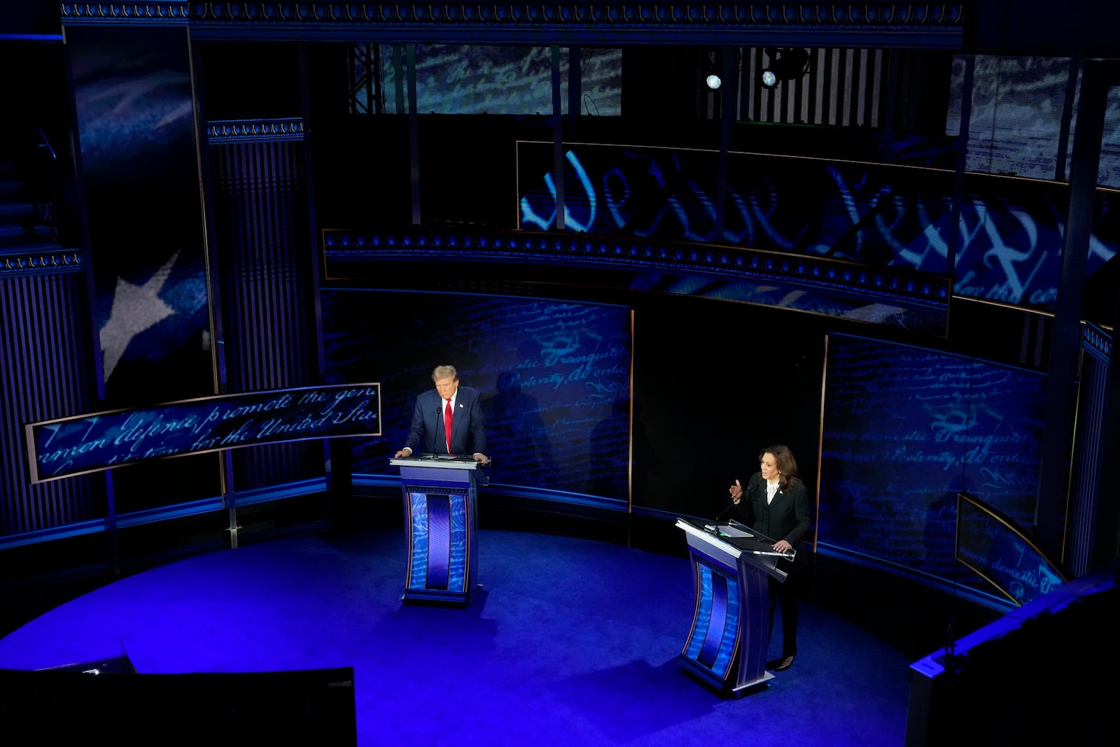 FILE - Republican presidential nominee former President Donald Trump and Democratic presidential nominee Vice President Kamala Harris participate during an ABC News presidential debate at the National Constitution Center, Tuesday, Sept.10, 2024, in Philadelphia. (AP Photo/Alex Brandon, File)