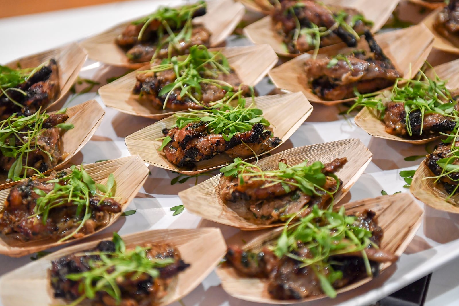 Food samples from area restaurants are seen during the Atlanta Michelin Guide gala ceremony Tuesday, October 24, 2023 at the Rialto Center for the Arts in Atlanta. (Daniel Varnado/ For the AJC)