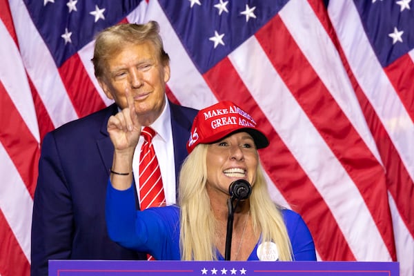 U.S. Rep. Marjorie Taylor Green speaks at a Republican campaign rally for former president Donald Trump in Rome, Ga., on Saturday.