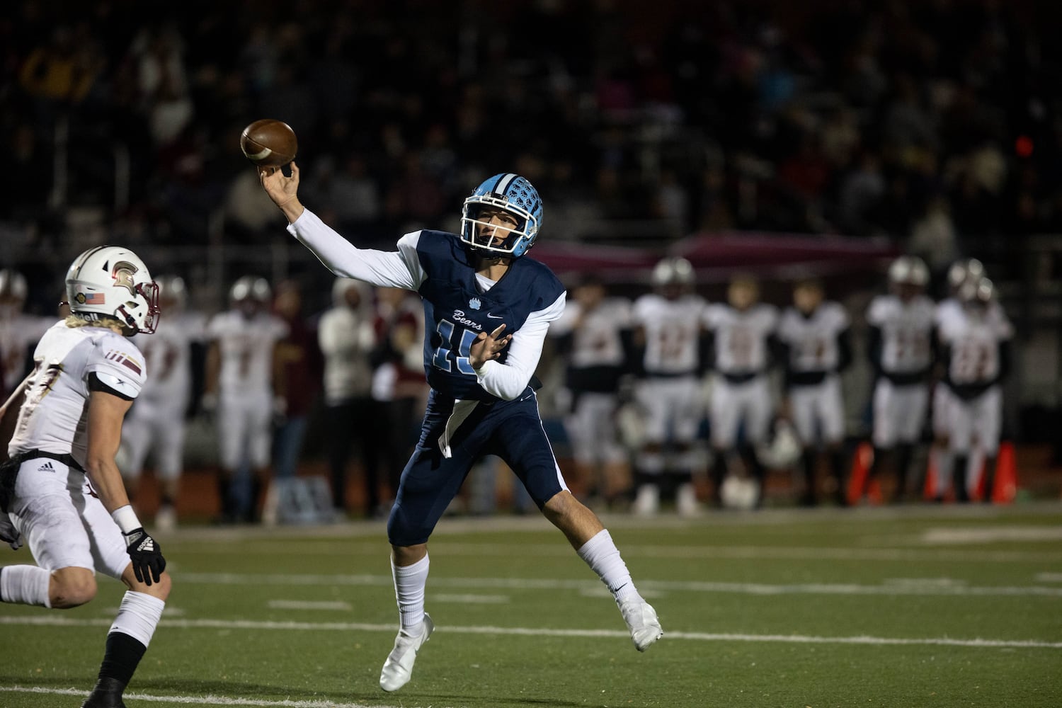 Cambridge quarterback Zach Harris (15) throws the ball during a GHSA high school football game between Cambridge and South Paulding at Cambridge High School in Milton, GA., on Saturday, November 13, 2021. (Photo/Jenn Finch)