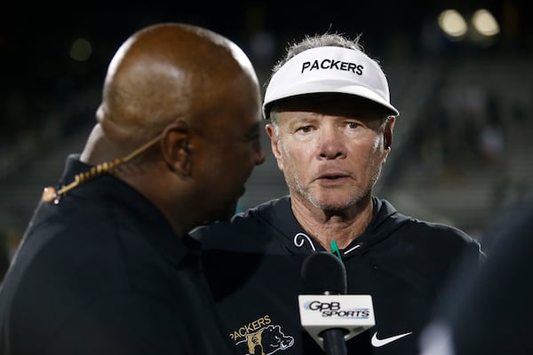 Colquitt County head coach Rush Propst is interviewed after Friday's 26-14 victory over Grayson. (Casey Sykes for The Atlanta Journal-Constitution)