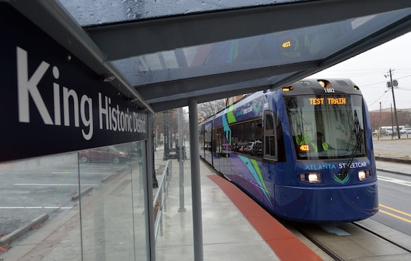 December 23, 2014 Atlanta - The Atlanta Streetcar on Auburn Avenue in Martin Luther King, Jr., Historic District for a test run on Tuesday, December 23, 2014. HYOSUB SHIN / HSHIN@AJC.COM