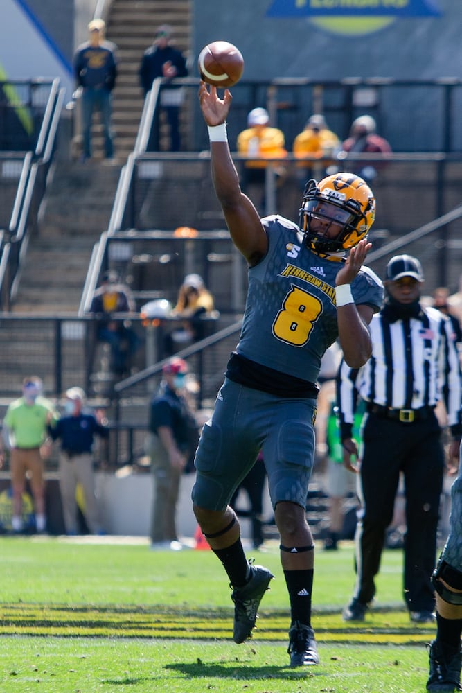 Xavier Shepherd, freshman quarterback for Kennesaw State, passes the ball. CHRISTINA MATACOTTA FOR THE ATLANTA JOURNAL-CONSTITUTION.