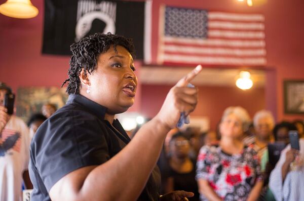 08/23/2018 -- Fitzgerald, Georgia -- Georgia Democratic Gubernatorial candidate Stacey Abrams speaks to a crowed gathered at Nabila's Garden restaurant in Fitzgerald, Georgia, Thursday, August 23, 2018. (ALYSSA POINTER/ALYSSA.POINTER@AJC.COM)