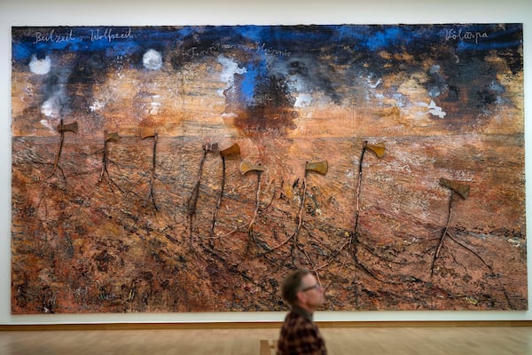 Axe-Age Wolf-Age is seen during a press preview of the Anselm Kiefer exhibit in both the Van Gogh Museum and the Stedelijk Museum in Amsterdam, Netherlands, Wednesday, March 5, 2025. (AP Photo/Peter Dejong)