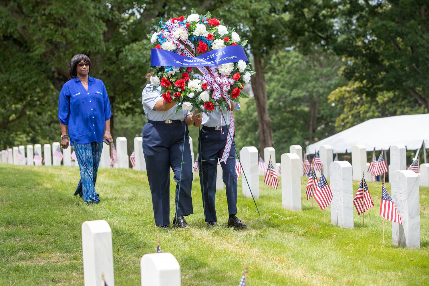 The National Memorial Day Association of Georgia holds the 77th annual Memorial Day Observance at the Marietta National Cemetery on Monday, May 29, 2003 where the presentation of the floral wreaths takes place.  (Jenni Girtman for The Atlanta Journal-Constitution)