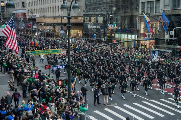 Bands march in the 264th New York City Saint Patrick's Day Parade, Monday, March 17, 2025 in New York. (AP Photo/Adam Gray)