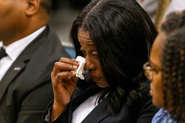 Pamela Dias, mother of Ajike "AJ" Owens, weeps during the sentencing hearing for Susan Lorincz, who fatally shot Owens through her front door during an ongoing dispute, Monday, Nov. 25, 2024, in Ocala, Fla. (Doug Engle/Ocala Star-Banner via AP, Pool)