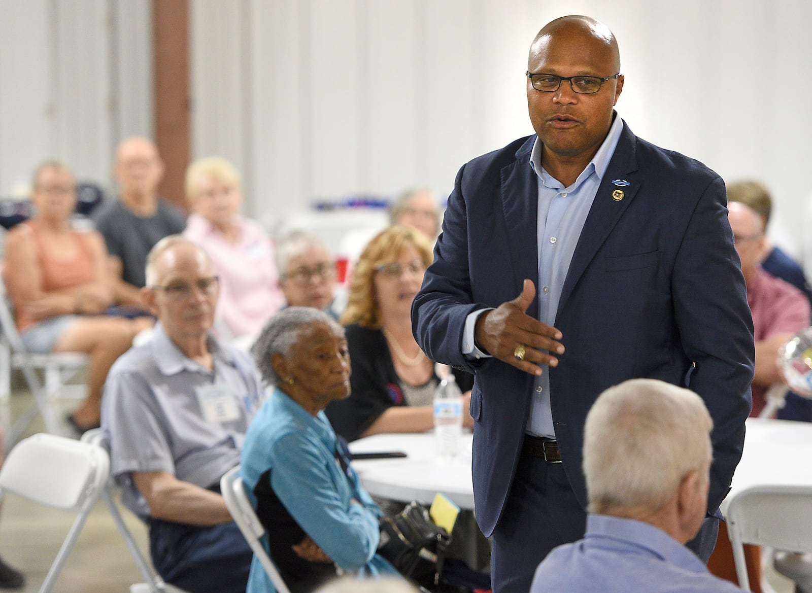 Democratic candidate Shawn Harris addresses supporters during a barbecue at the Chattanooga County Agricultural Center in Summerville, Ga. on Tuesday, Sept. 24, 2024. (Matt Hamilton/Chattanooga Times Free Press via AP)