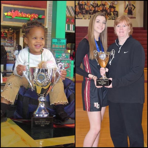 Last season, senior Nicole Azar and her mother, coach Jan Azar (right), led Hebron Christian to its first state title in program history, winning Class 1A Private. Hebron Christian will face Kara and Stephanie Dunn, who aim to match the Azars' feat of winning their school's first state title as a mother-daughter combo. Kara, left, is posing in 2006 with the Class 4A state title trophy after Stephanie coached St. Pius to a championship win. This year's 1A Private championship is 11 a.m. Saturday, March 9, 2022, at the Macon Coliseum.