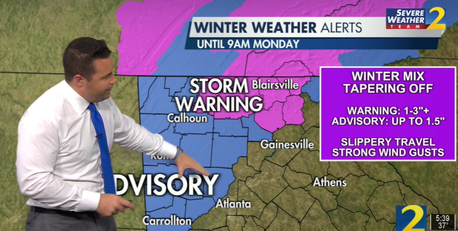 A winter storm warning is in effect until 9 a.m. for some mountain counties in northeast Georgia. Parts of northwest Georgia and the western Atlanta suburbs are under a winter weather advisory until 9 a.m.