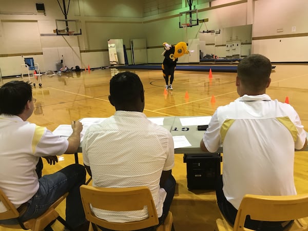 The three judges for the Buzz tryout watch a candidate perform a skit at Georgia Tech's Freshman Gym April 13, 2018. Each skit lasted 90 seconds.