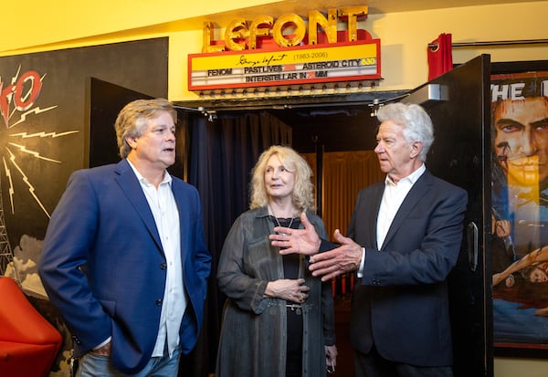 Ric Reitz (from left), Shea Griffin and Wilbur Fitzgerald speak to a reporter about Georgia’s film industry at the Plaza Theatre in Atlanta.   (Arvin Temkar / arvin.temkar@ajc.com)