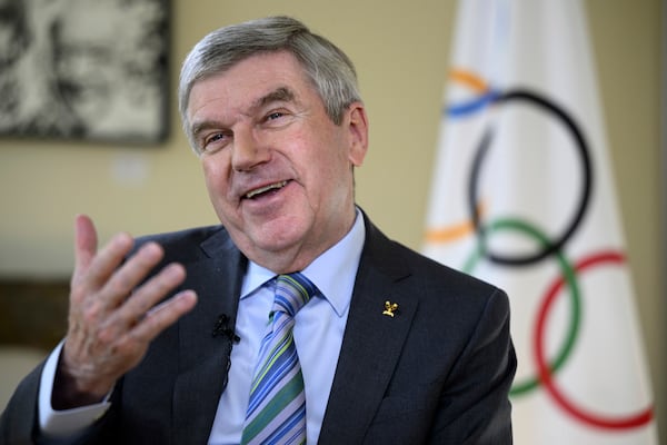 International Olympic Committee (IOC) President Thomas Bach talks to the Associated Press during an interview at the Olympic House, in Lausanne, Switzerland, Wednesday, March 5, 2025. (Laurent Gillieron/Keystone via AP)