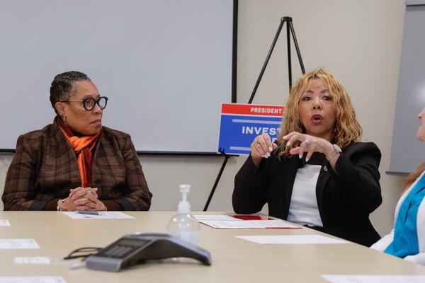 U.S. Rep. Lucy McBath, D-Marietta (speaking) has been endorsed by the American Federation of Government Employee. (Natrice Miller/natrice.miller@ajc.com)