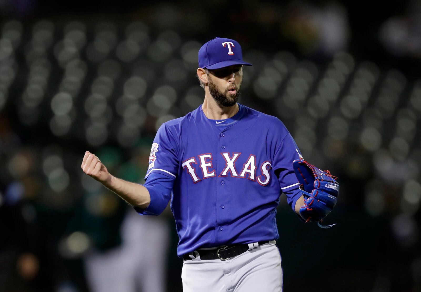 Texas Rangers pitcher Chris Martin celebrates a win on July 26, 2019, in Oakland, Calif. (AP Photo/Ben Margot)