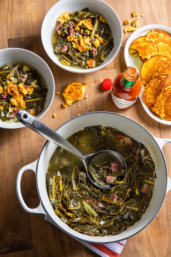 This recipe for Stewed Collards braises the greens in the oven. (Courtesy of America's Test Kitchen/Steve Klise)