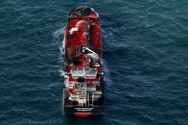 The damaged MV Stena Immaculate tanker at anchor off the Yorkshire coast in the North Sea, Tuesday, March 11, 2025 in England. (Dan Kitwood/Pool Photo via AP)