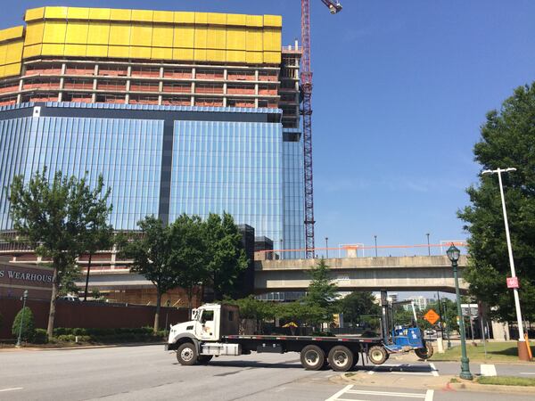 Work progresses on Wednesday, May 25, 2016, on the first new tower in the future State Farm office complex in Dunwoody next to the city’s MARTA station. J. Scott Trubey/strubey@ajc.com