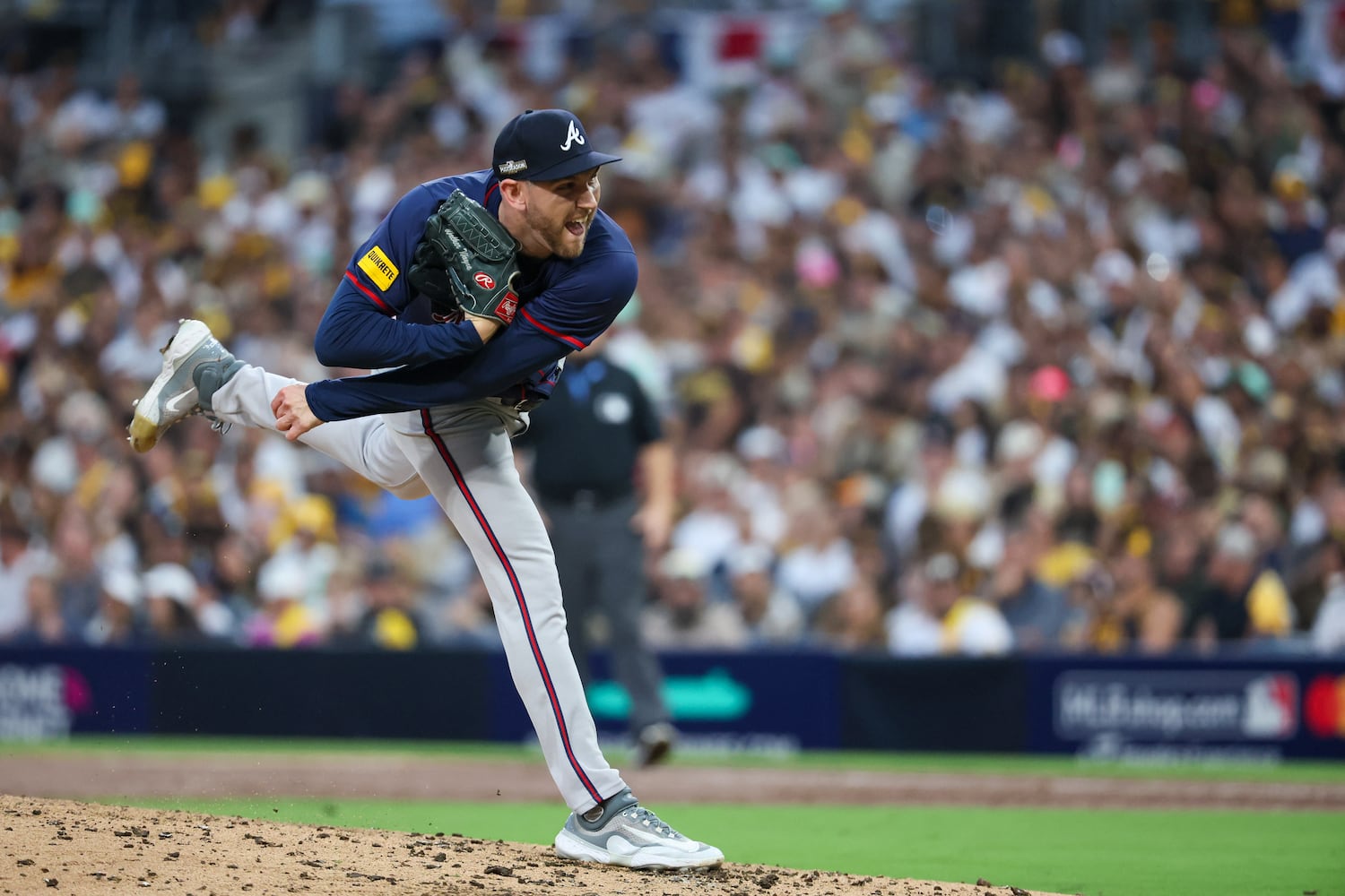 Atlanta Braves pitcher Dylan Lee delivers to the San Diego Padres during the third inning of National League Division Series Wild Card Game Two at Petco Park in San Diego on Wednesday, Oct. 2, 2024.   (Jason Getz / Jason.Getz@ajc.com)