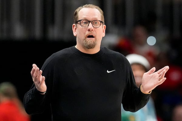 Philadelphia 76ers head coach Nick Nurse reacts to play against the Atlanta Hawks during the first half of an NBA basketball game, Monday, March 10, 2025, in Atlanta. (AP Photo/Mike Stewart)