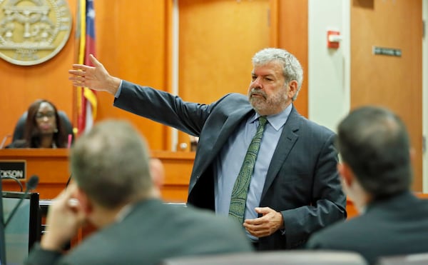 September 20, 2019 - Decatur - Defense attorney Don Samuel argues during motions this morning.   Judge LaTisha Dear Jackson, the judge overseeing the murder trial against former DeKalb cop Chip Olsen held a pretrial hearing to consider the defense's request to keep out evidence that victim Anthony Hill was mentally ill and an Afghan war vet. Bob Andres / robert.andres@ajc.com