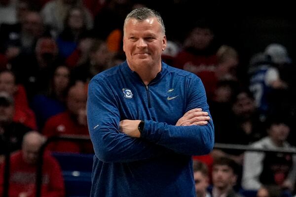 Creighton head coach Greg McDermott watches play against Louisville during the second half in the first round of the NCAA college basketball tournament, Thursday, March 20, 2025, in Lexington, Ky. (AP Photo/Brynn Anderson)