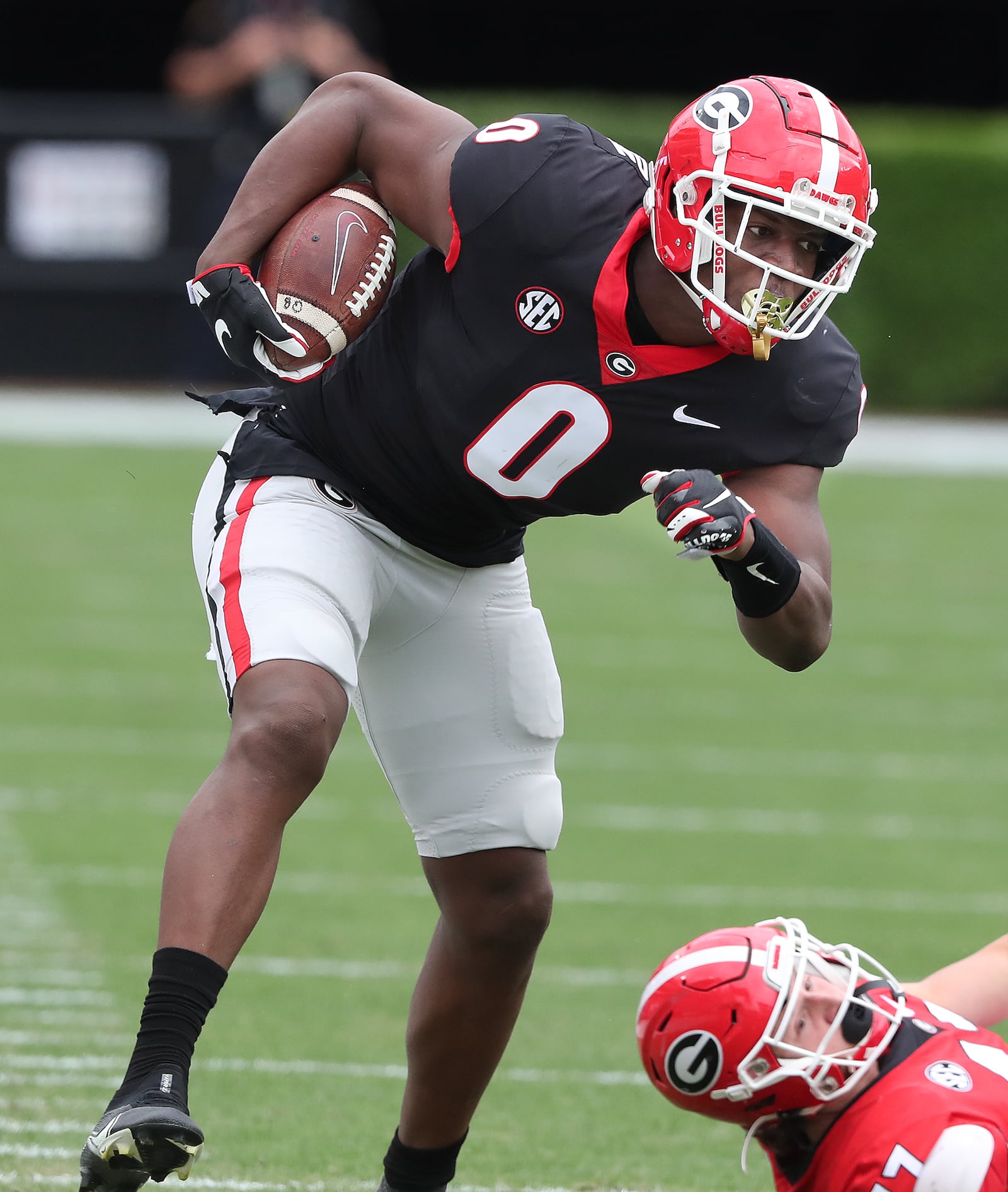 Georgia tight end Darnell Washington picks up yardage during the G-Day Game at Sanford Stadium on Saturday, April 17, 2021, in Athens.   “Curtis Compton / Curtis.Compton@ajc.com”