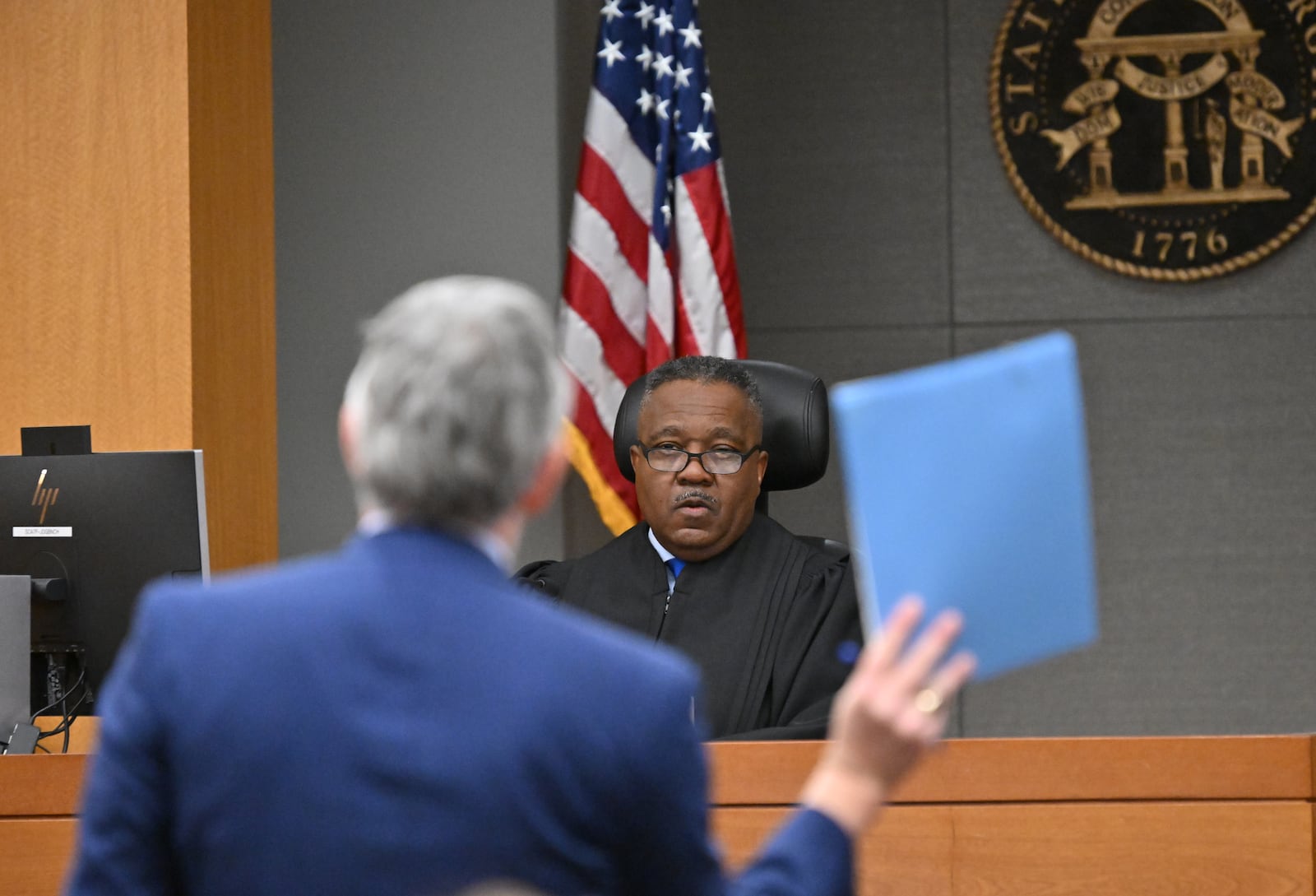 Attorney Chris Anulewicz speaks in front of Fulton County Superior Court Judge Thomas Cox, who heard cases against State Election Board.