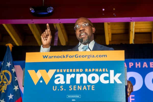 11/03/2020 —  Atlanta, Georgia — Raphael Warnock, Democratic candidate for U.S. Senate, makes remarks at his headquarters on Election Day in Atlanta’s Sweet Auburn District, Tuesday, November 3, 2020. Warnock is expected to advance to a run-off election in January against a Republican opponent. (Alyssa Pointer / Alyssa.Pointer@ajc.com)